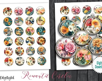 Digital Collage Sheets 10mm 12mm 14mm 16mm 18mm Romantic Circles for Earrings, Pendants, Cufflinks Floral Printable