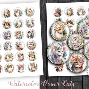 Puede incluir: Una descarga digital de 25 ilustraciones de acuarela de gatos con coronas de flores. Las imágenes son perfectas para manualidades, scrapbooking o proyectos de diseño digital. Las imágenes son de forma circular y están listas para imprimir.