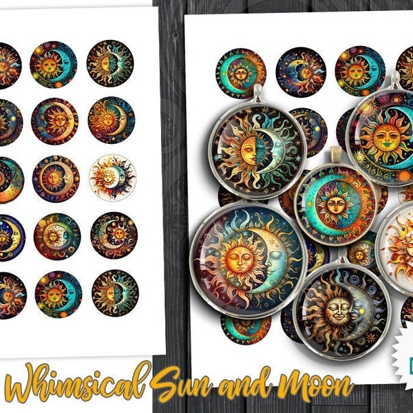 Whimsical Sun and Moon Printable images 10mm 12mm 14mm 16mm 18mm for Pendants, Cabochons, Earrings Digital Collage Sheets