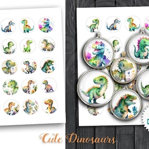 Printable Cute Dinosaurs 12mm 14mm 16mm 18mm circle images for Pendants Cabochons Magnets Digital Collage Sheets Printable Download