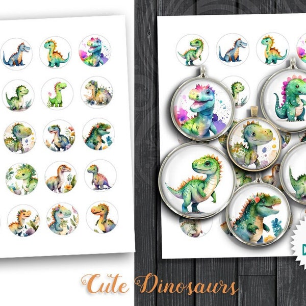 Printable Cute Dinosaurs 1.5" 30mm 25mm 1" 20mm circle images for Pendants Cabochons Bottle Caps Digital Collage Sheets Printable Download