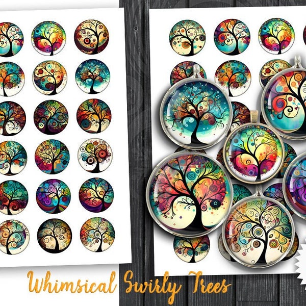 Whimsical Swirly Trees 1.5" 30mm 25mm 1" 20mm Printable circle images for Scrapbooking Pendants Cabochons Bottle Caps Digital Collage Sheets