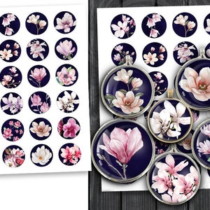 Magnolia Digital Collage Sheet for Scrapbooking Pendants, Cabochons, Bottle Caps Printable Round images