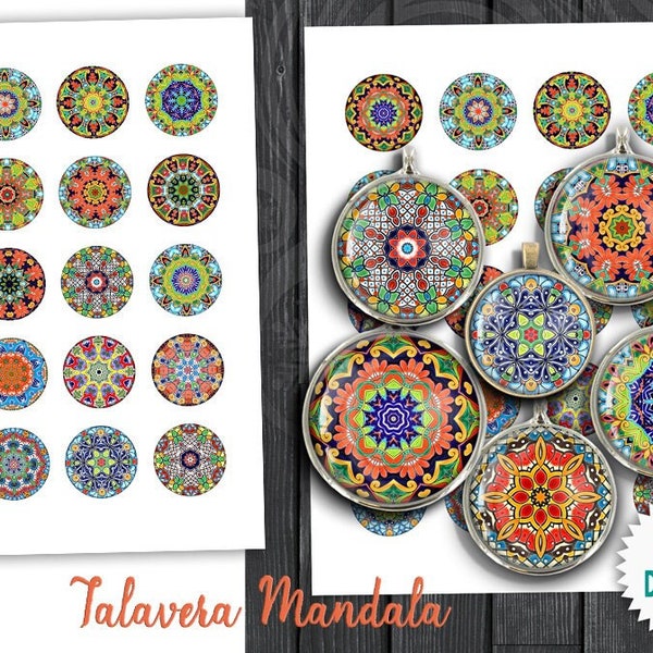 Talavera Mandala 1.5" 30mm 25mm 1" 20mm Printable circle images for Scrapbooking Pendants Cabochons Bottle Caps Digital Collage Sheets