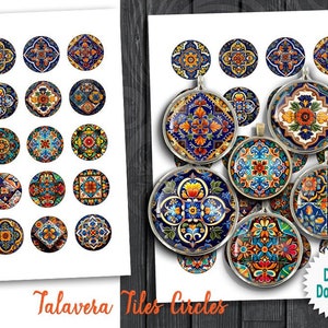 May include: A digital download of 24 Talavera tile circles. The circles feature colorful, intricate designs with blue, yellow, orange, and green colors. The designs are inspired by traditional Mexican Talavera pottery.