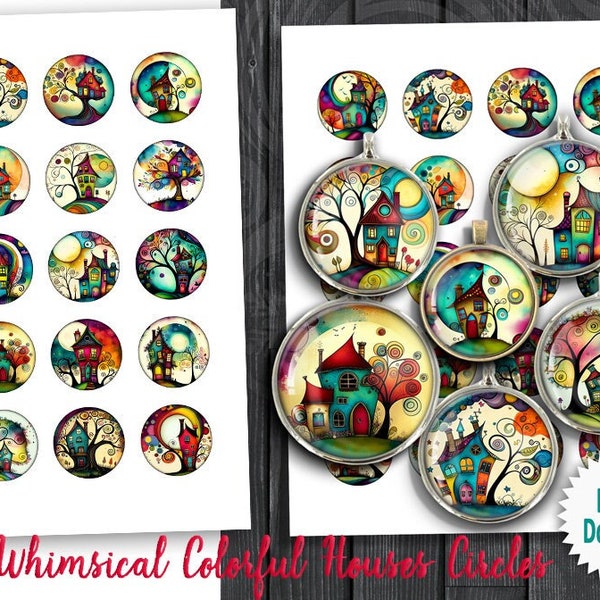 Whimsical Colorful Houses Printable images 1.5" 30mm 25mm 1" 20mm for Scrapbooking, Pendants, Cabochons, Bottle Caps Digital Collage Sheets