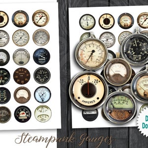 Steampunk Gauges 20mm 25mm 30mm 1 inch 1.5 inch Printable images for Bottlecaps, Scrapbooking, Cabochons Digital Collage Sheets