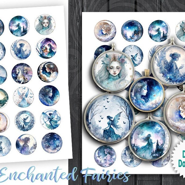 Enchanted Fairies Round Printable Images 20mm 25mm 30mm 1 inch 1.5 inch for Scrapbooking Jewelry Making Bottlecaps Digital Collage Sheets