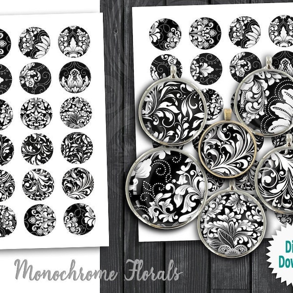 Monochrome Florals 1.5" 30mm 25mm 1" 20mm Printable circle images for Scrapbooking Pendants Cabochons Bottle Caps Digital Collage Sheets