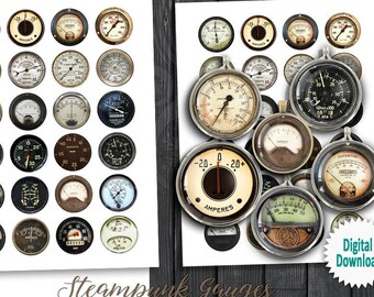 May include: A set of 24 digital download steampunk style gauges. The gauges are round and have a variety of designs, including a speedometer, a voltmeter, and an ammeter. The gauges are in shades of brown, black, and white.