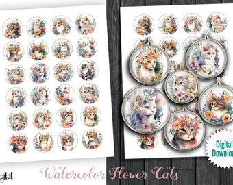 Watercolor Flower Cats 1.5" 30mm 25mm 1" 20mm Printable circle images for Pendants Cabochons Bottle Caps Digital Collage Sheets