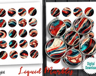 Puede incluir: Un conjunto de 25 círculos de papel digital imprimibles con un diseño de mármol líquido rojo, blanco y azul. Los círculos son perfectos para proyectos de manualidades, scrapbooking y diseño digital.