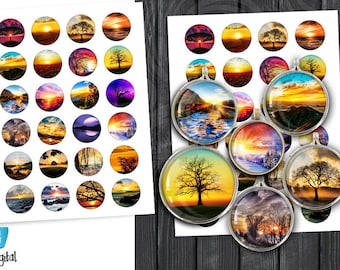 May include: A set of 24 round digital scrapbook paper images featuring sunset scenes with trees, mountains, and water. The images are perfect for crafting projects, scrapbooking, and digital design.