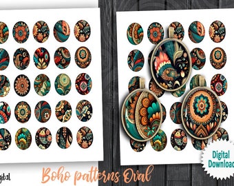 Boho Pattern Oval Printables 13x18mm 18x25mm 22x30mm 30x40mm Digital Collage Sheets for Jewelry Making Pendants Cabochons