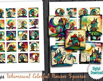 Whimsical Colorful Houses 0.75x0.83"  1x1" 1.5x1.5" printable square images for Scrapbooking Scrabble tiles Pendants Digital collage sheets