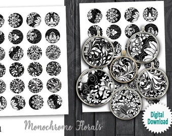 Monochrome Florals 1.5" 30mm 25mm 1" 20mm Printable circle images for Scrapbooking Pendants Cabochons Bottle Caps Digital Collage Sheets