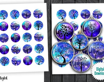 Baum des Lebens Digitale Collage Sheets für Scrapbooking, Anhänger, Cabochons, Kronkorken Baum Silhouetten in Blau 1.5"1"30, 25, 20