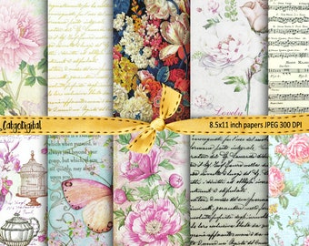 Romantic large 8.5x11 inch papers for Scrapbooking, Journaling, Embellishment, Printable Diary Junk Journal Digital collage sheet