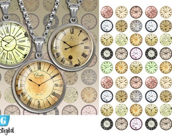 Clock Faces Steampunk 1″ 25mm 20mm 18mm 16mm Printable Images for Jewelry Making, Bottlecaps Cabochon Digital Collage Sheets