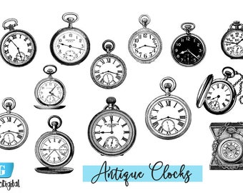 Antique Pocket Watch Clocks Clipart PNG individual Steampunk Printable images Digital Download
