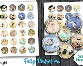 Fairy Illustrations 20mm 25mm 1inch 30mm 1.5inch Printable Digital Collage Sheets for Scrapbooking, Pendants, Cabochons, Bottle Caps