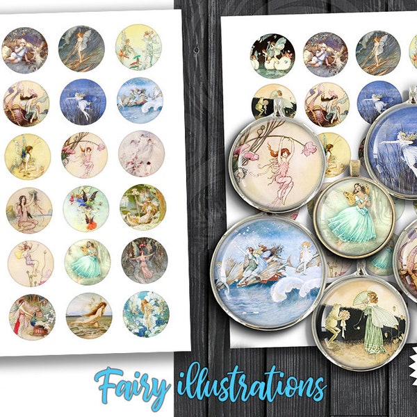 Fairy Illustrations 20mm 25mm 1inch 30mm 1.5inch Printable Digital Collage Sheets for Scrapbooking, Pendants, Cabochons, Bottle Caps