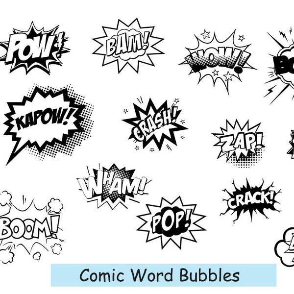 Comic Word Bubbles Clipart Silhouettes sublimation clipart SVG PNG JPG Comic Words Boom Zap Kapow Digital Download Commercial Use