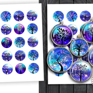Tree of Life 10mm 12mm 14mm 16mm 18mm Digital Collage Sheets for Scrapbooking, Pendants, Cabochons, Bottle Caps Tree Silhouettes in Blue
