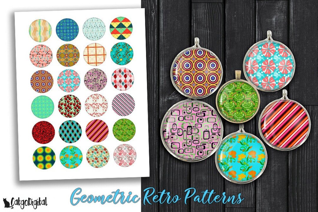 Geometric Retro Patterns 20mm 25mm 1inch 30mm 1.5inch Printable Digital ...