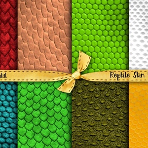 Peut inclure: Un ensemble de huit motifs de papier numérique représentant différentes textures de peau de reptile. Les motifs comprennent des couleurs rouge, orange, verte, bleue, jaune et blanche. Les motifs sont disposés en grille avec un ruban jaune noué en un nœud au centre. Le ruban porte l'inscription "Reptile Skin Pattern".
