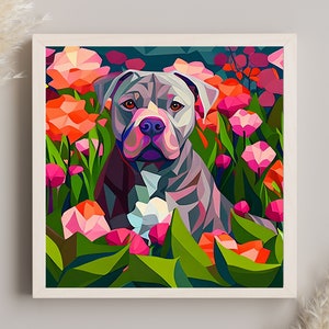 Pink and Gray Pitbull in Flower Garden Dog Art Digital Print, Play Dog Portrait, Pitbull Lover Gift, Pet Wall Art Decor, Animal Lover Decor