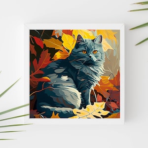 Gray Cat Art Digital Print, Mysterious and Elegant Cat Portrait, Scenic Landscape with Gray Cat, Graceful Domestic Feline in Autumn Leaves