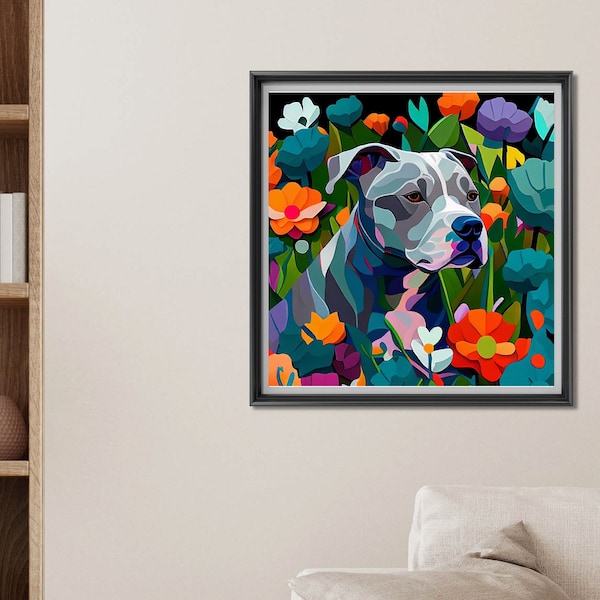 Pitbull In the Garden Dog Art Digital Print, Pitbull Lover Wall Art Print, Veterinarian Office Dog Artwork, Pitbull with Flowers Portrait