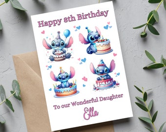 May include: A white card with a blue cartoon character holding a cake. The card says "Happy 8th Birthday" and "To our Wonderful Daughter Ella".