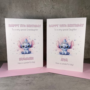 May include: Two birthday cards featuring a blue cartoon character wearing a party hat. The card on the left says "Happy 5th Birthday" and "Summer" with a pink background. The card on the right says "Happy 10th Birthday" and "Ava" with a pink background.