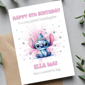 May include: A birthday card featuring a cartoon Stitch character wearing a party hat. The card has a pink and white background with stars and the text "HAPPY 6TH BIRTHDAY" and "To a very special Granddaughter". The card also has the name "ELLA MA&Iuml;" and the text "Have a wonderful day!"