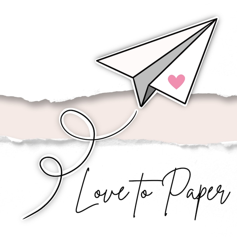May include: A white paper airplane with a pink heart flies over a torn piece of paper with the text "Love to Paper".