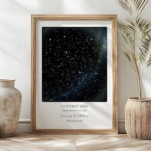 May include: A framed print showing a starry night sky with a milky way. The text "OUR FIRST KISS" is displayed, along with names and a date. The frame is wood-toned, and the print is displayed on a wall.