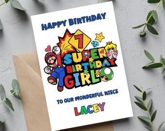 SUPER MARIO GIRL Personalised Birthday Card, Super Mario Greetings Card, Super Mario Birthday card, Celebration Any Age relationship