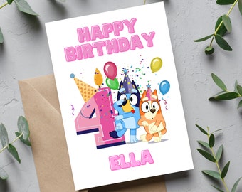 A5 Hammered effect card, Personalised Name Bluey Birthday Card, Girls Bluey Card in Pink, Any Age 1 2 3 4 5 6 7 8 9, Girls birthday card