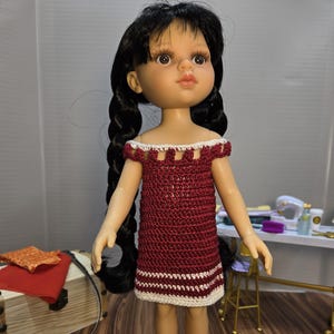 13&quot; Paola Reina Las Amigas doll clothing, red crocheted dress with matching shoes