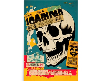 Manga Skull Art Print – Retro Japanese Poster – Cartoon Skull Art – Horror Comics Print