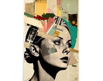 Impresión de retrato de estilo vintage - Retrato de mujer - Arte de collage - Arte mural retro - Arte mural minimalista