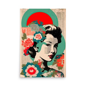 Japanese Vintage Style  Portrait - Retro Flower Print - Retro Style - Japanese Art - Collage Print - Botanical Wall Collage - Bedroom Decor