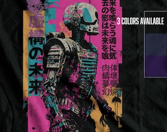 Gefabriceerd toekomstig T-shirt – Japans cyberpunk-neonrobot-T-shirt – futuristische streetwear met esthetiek van kanji en scifi – grafisch uniseks shirt