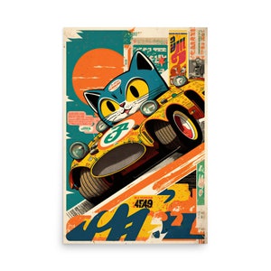 Chat de voiture de course - impression d'art de chat - affiche de chat de course - collage de chat - oeuvre d'art pour chambre d'enfant - oeuvre d'art de course pour enfant