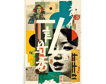 Arte de collage japonés - Collage hecho a mano - Arte de revista de estilo vintage - Impresión de collage abstracto