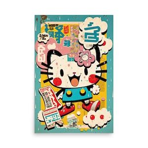 Japanese Kitty Art Print - kawaii kat collage - cartoon collage muurkunst - anime kunst - graffiti kat poster