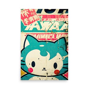 Japanese Kitty Art Print - Kawaii Cat Collage -Cartoon Collage Wall Art - Anime Art - Graffiti Cat Poster
