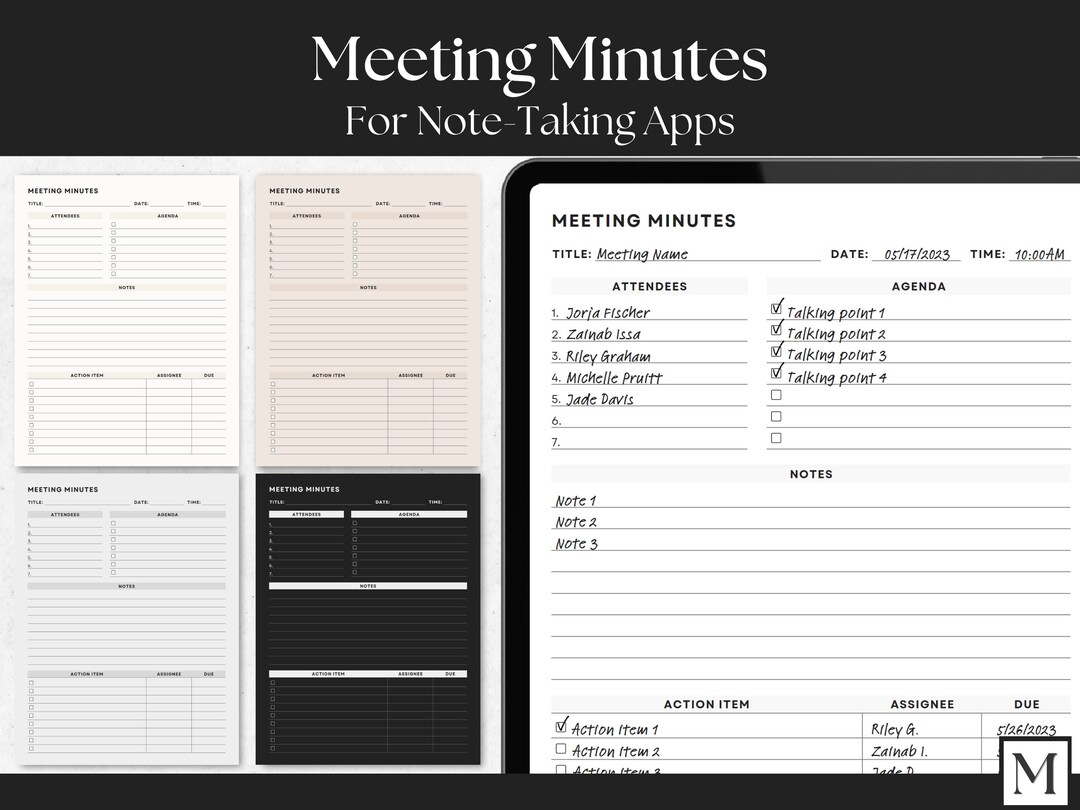 Digital Meeting Minutes for Notetaking Apps Meeting Notes Etsy